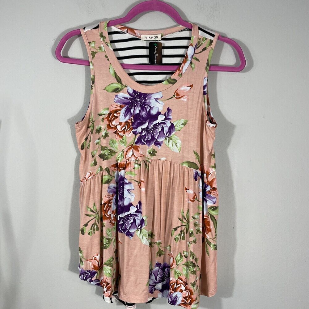 Viamor Women's Tank Top Shirt Floral Front & Back Stripes Size S Lightweight Top